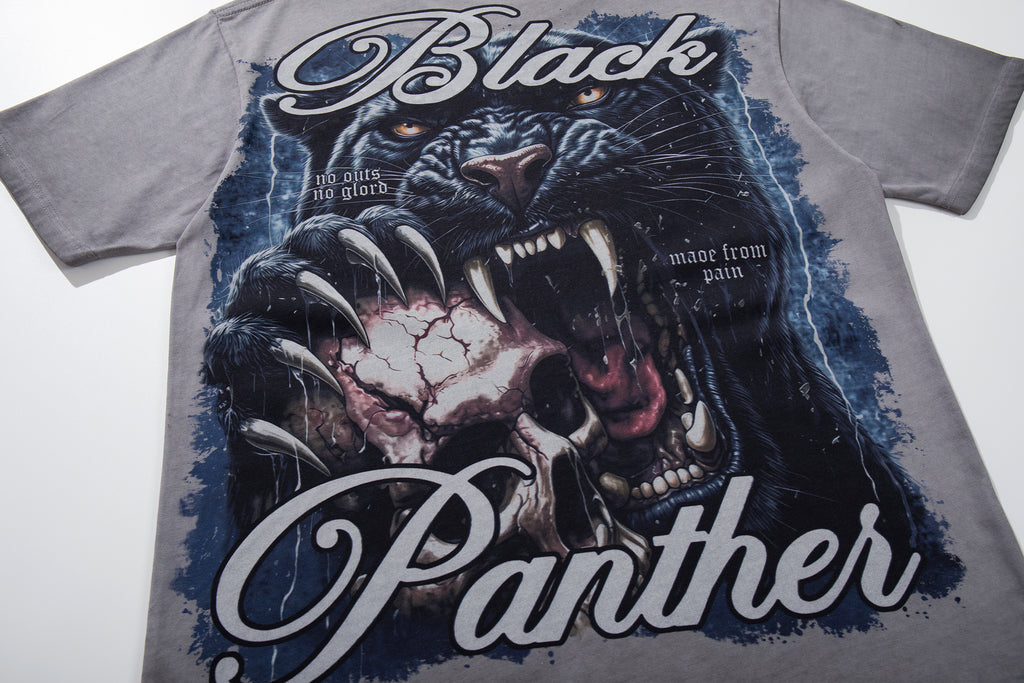 MAJESTIK Black Panther Skull Vintage Grey Double‑Sided T‑Shirt