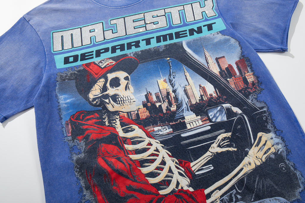 MAJESTIK Department Skeleton Driver Double‑Sided Vintage T‑Shirt
