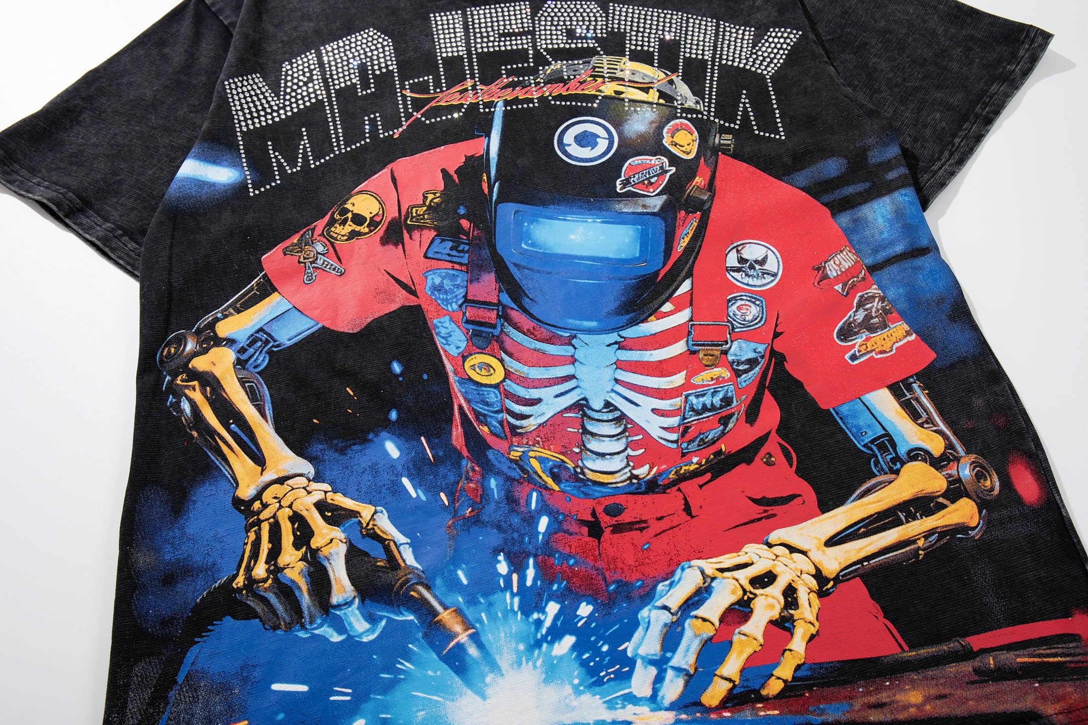 MAJESTIK Skeleton DJ Vintage Washed Double‑Sided Graphic T‑Shirt