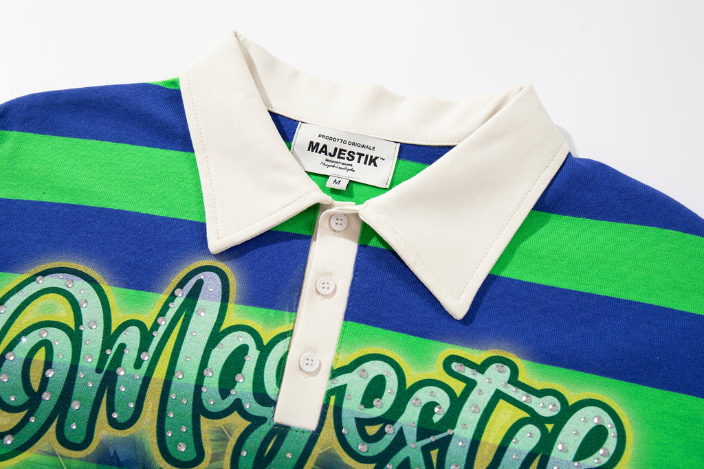MAJESTIK Striped Skull Graphic Half‑Zip Polo Short‑Sleeve Shirt