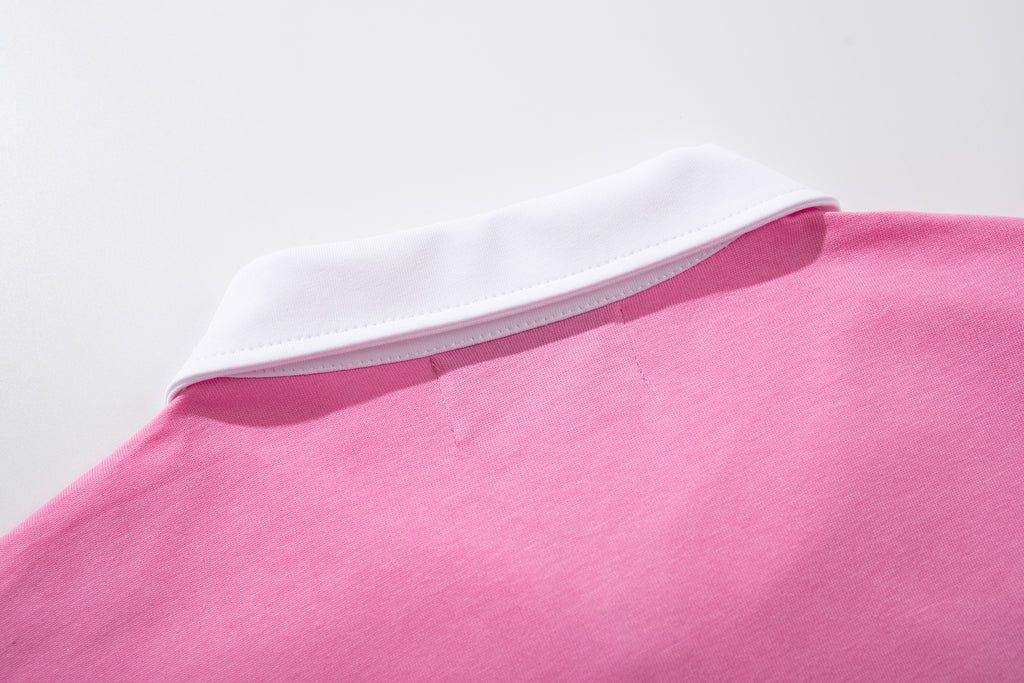 MAJESTIK Sports Patch‑Embroidered Half‑Zip Pink Striped Polo Shirt