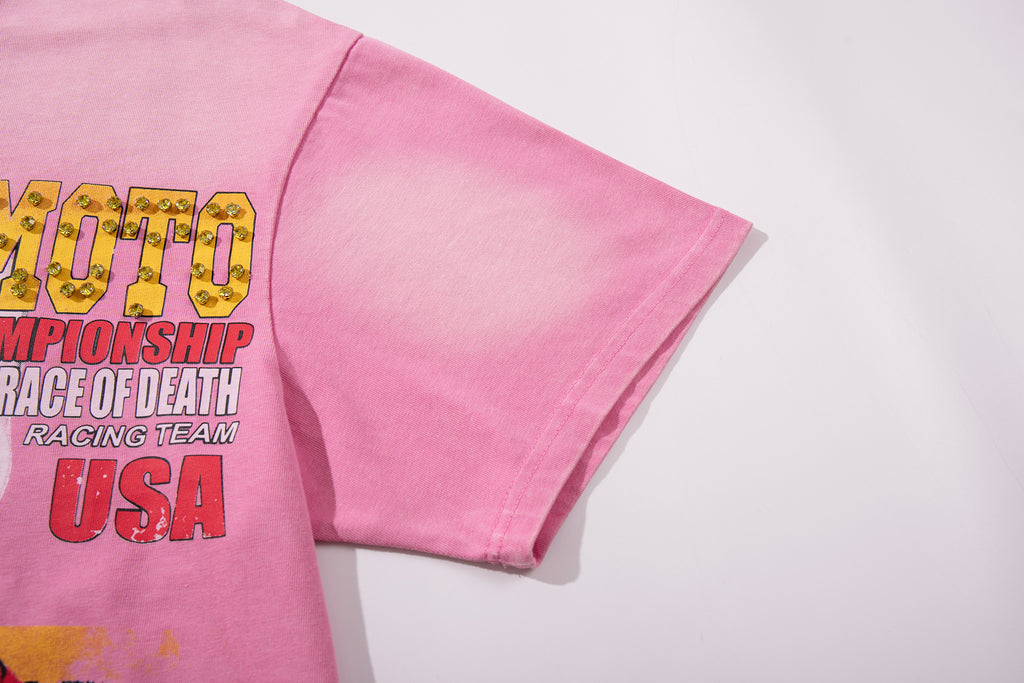 MAJESTIK Moto Racing Vintage Pink T‑Shirt