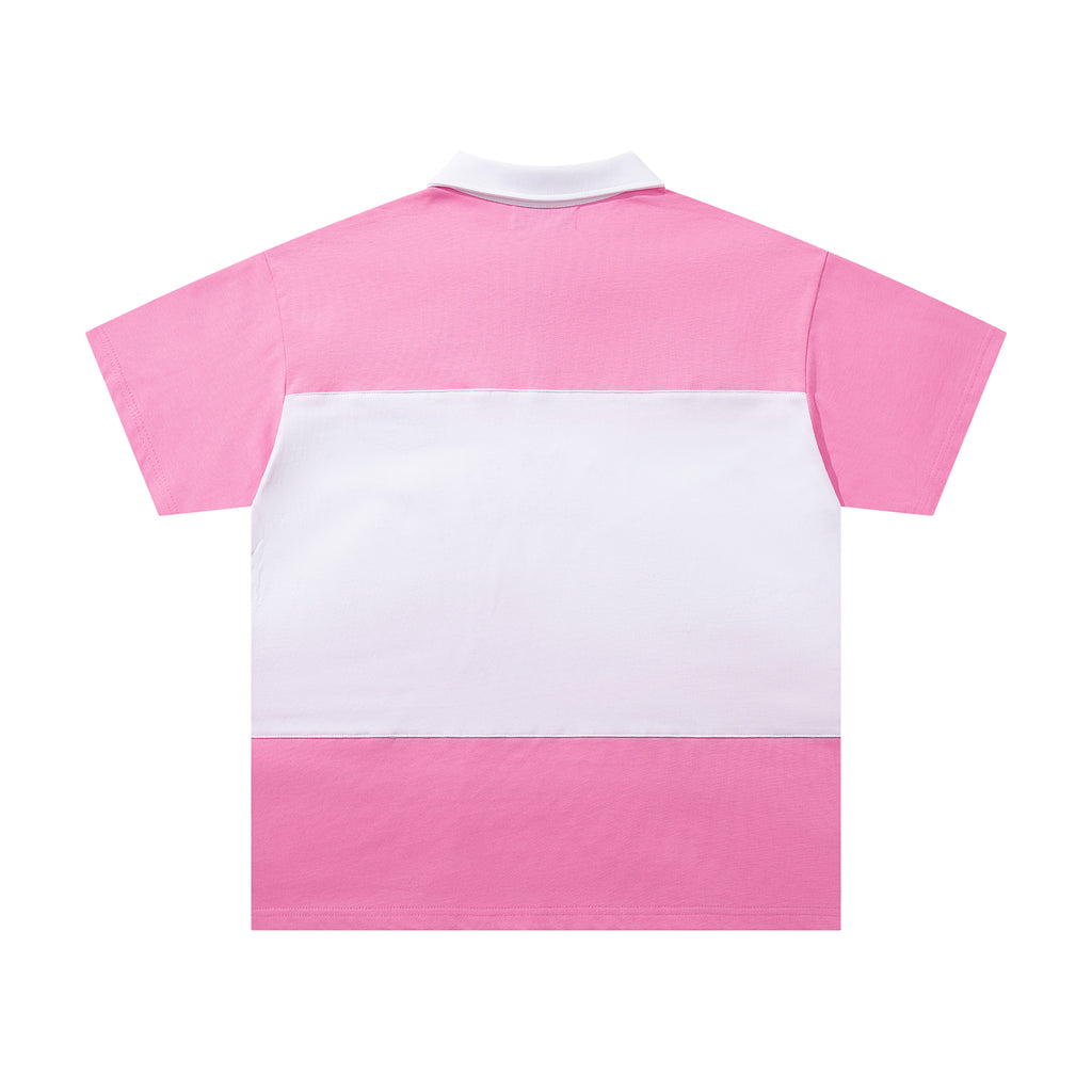 MAJESTIK Sports Patch‑Embroidered Half‑Zip Pink Striped Polo Shirt