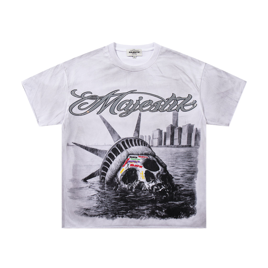 MAJESTIK Tour Skull Statue Of Liberty Double‑Sided Vintage T‑Shirt