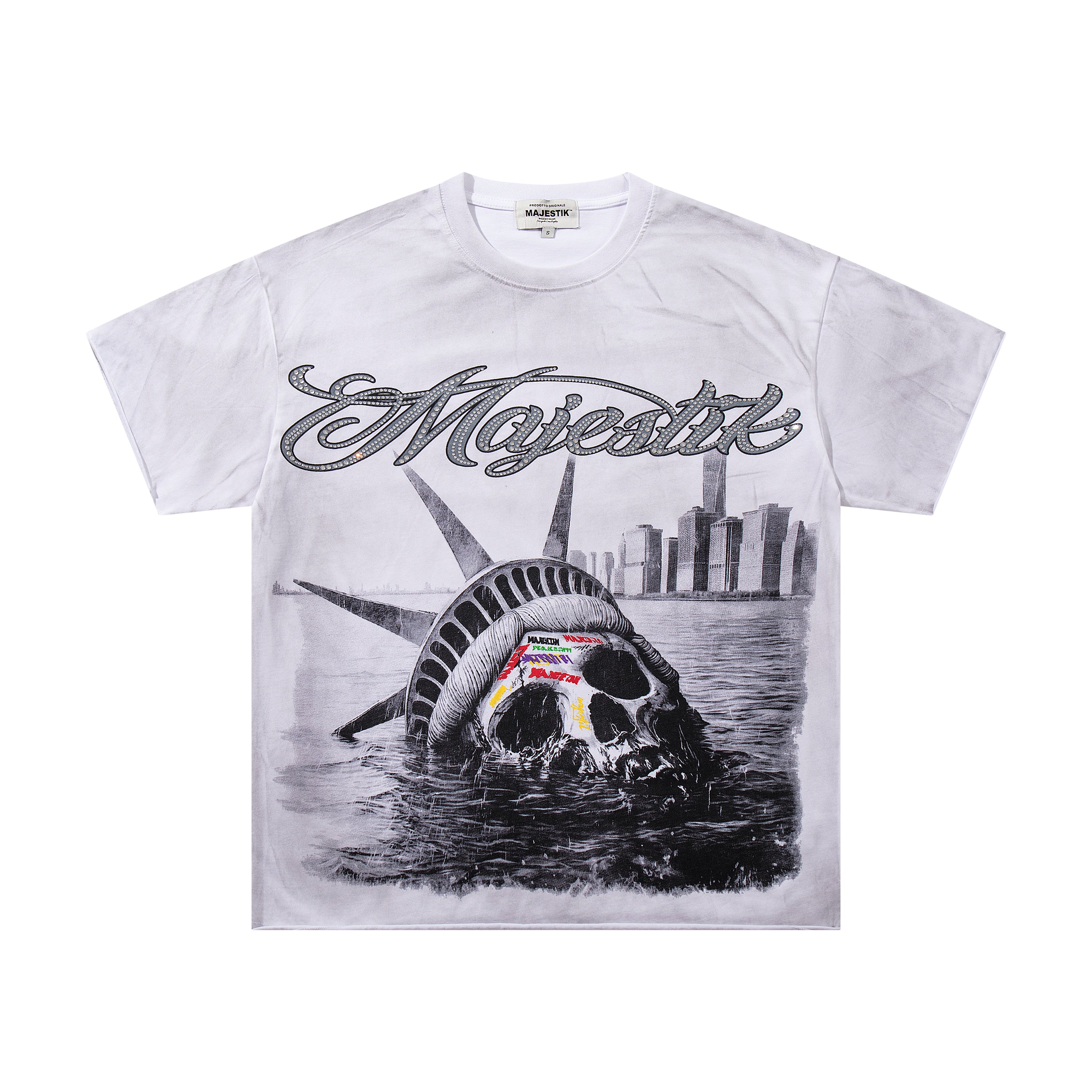 MAJESTIK Tour Skull Statue Of Liberty Double‑Sided Vintage T‑Shirt
