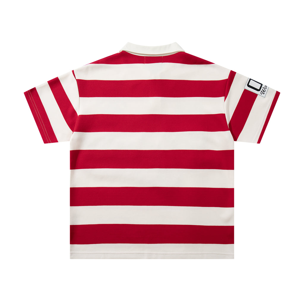 MAJESTIK Red‑White Striped Embroidered Polo Shirt