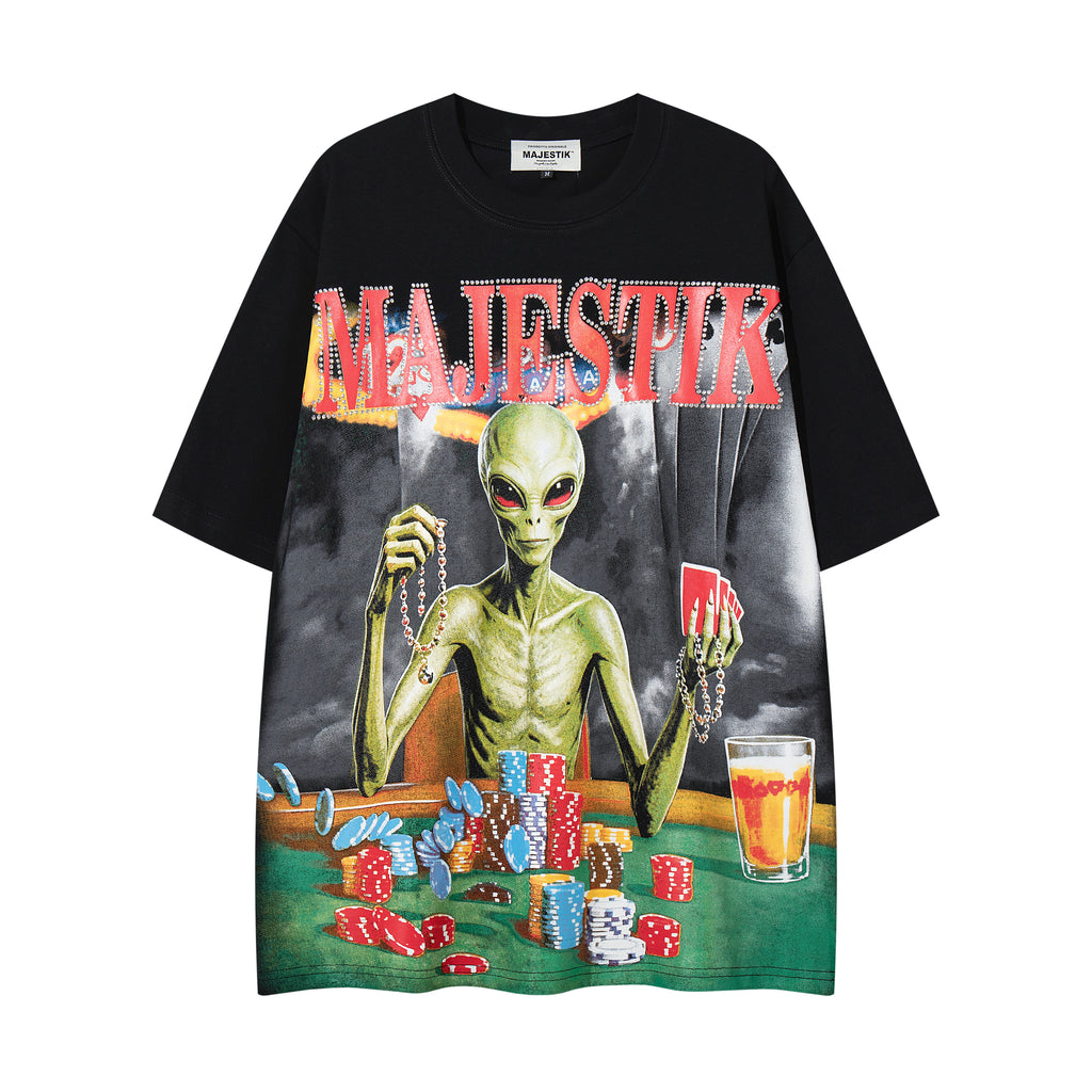 MAJESTIK Alien Casino Gambling Graphic T‑Shirt