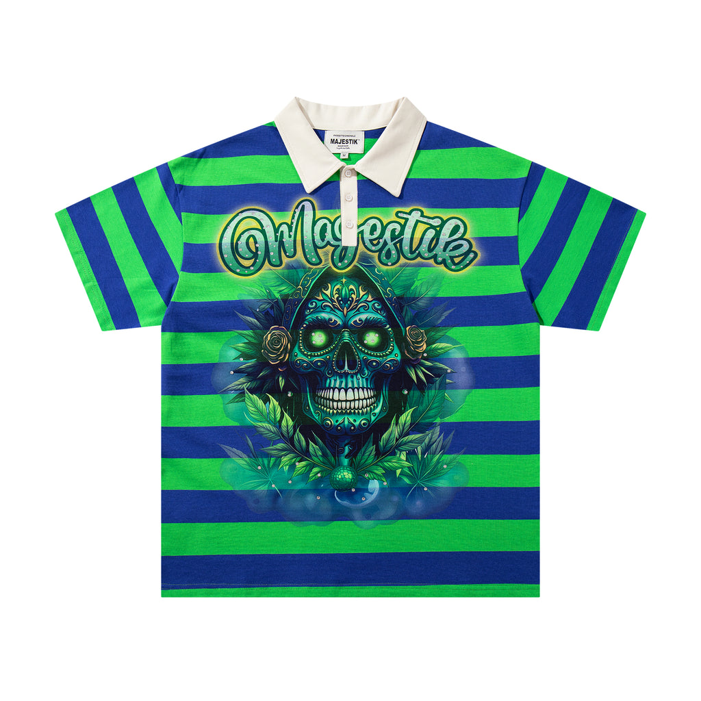 MAJESTIK Striped Skull Graphic Half‑Zip Polo Short‑Sleeve Shirt