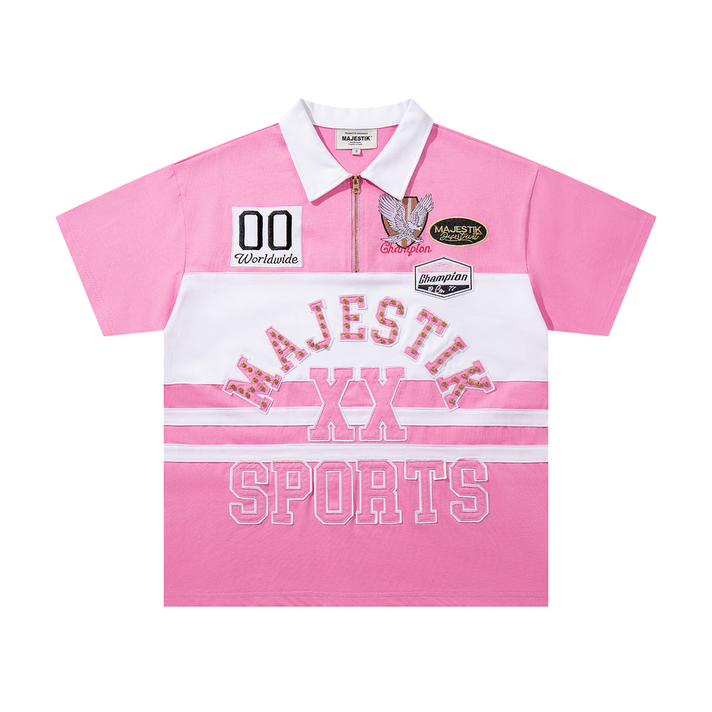 MAJESTIK Sports Patch‑Embroidered Half‑Zip Pink Striped Polo Shirt