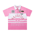 MAJESTIK Sports Patch‑Embroidered Half‑Zip Pink Striped Polo Shirt