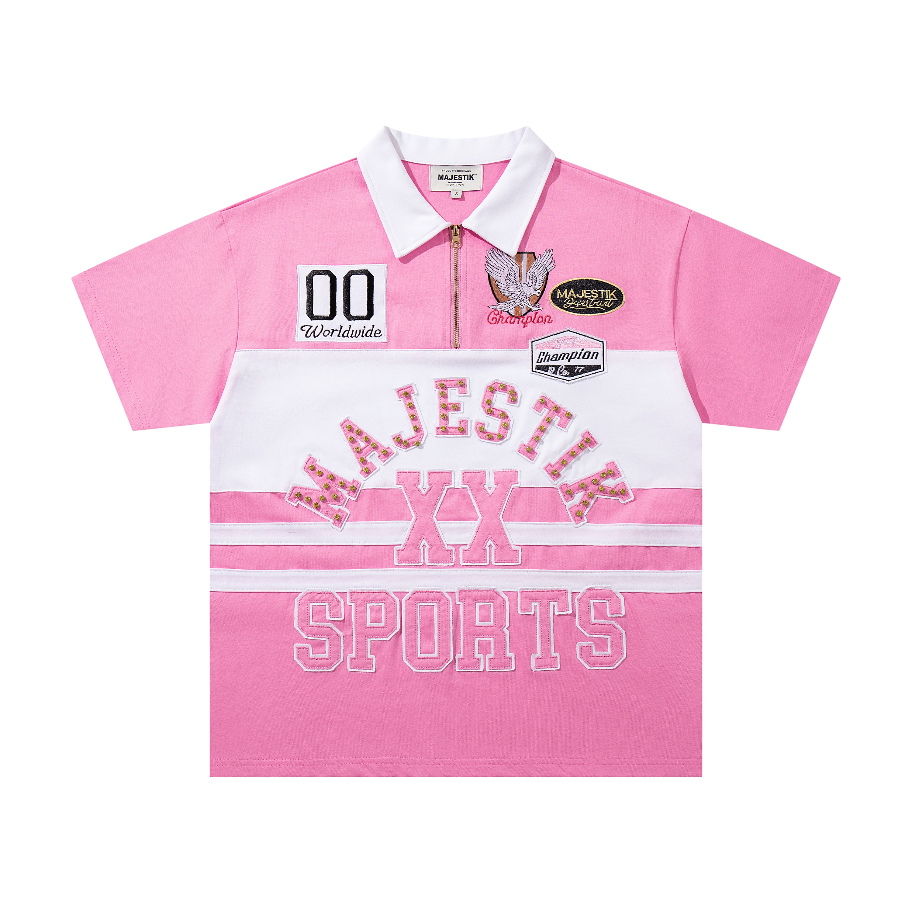 MAJESTIK Sports Patch‑Embroidered Half‑Zip Pink Striped Polo Shirt