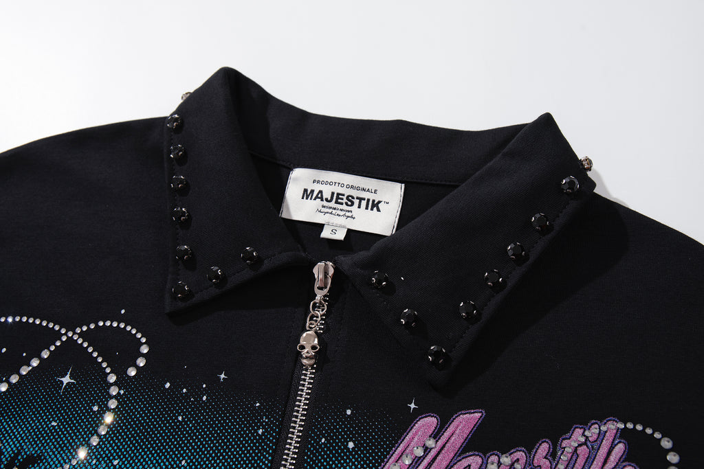 MAJESTIK Retro Car Diner Graphic Quarter‑Zip Polo Shirt