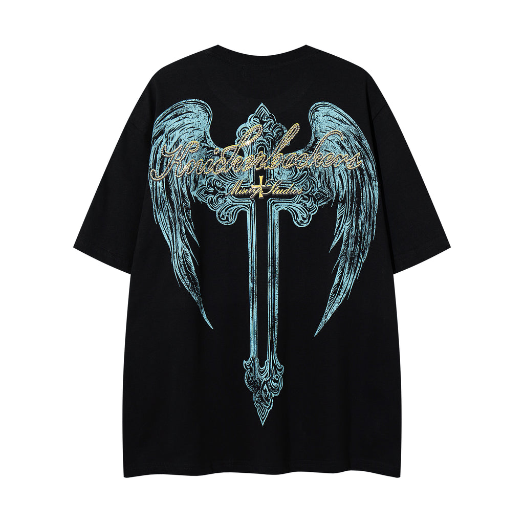 MAJESTIK Alien Skull Angel Sword Double‑Sided Graphic T‑Shirt