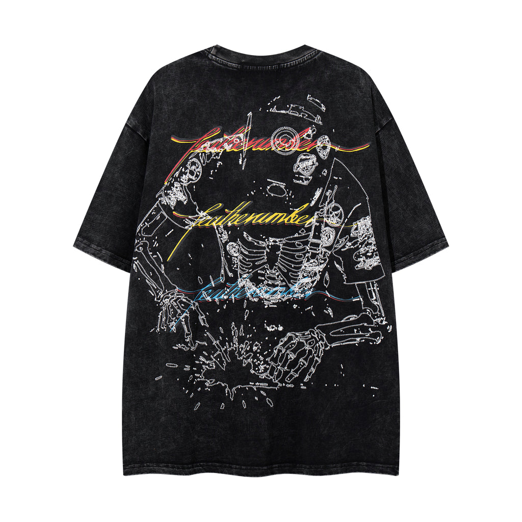 MAJESTIK Skeleton DJ Vintage Washed Double‑Sided Graphic T‑Shirt
