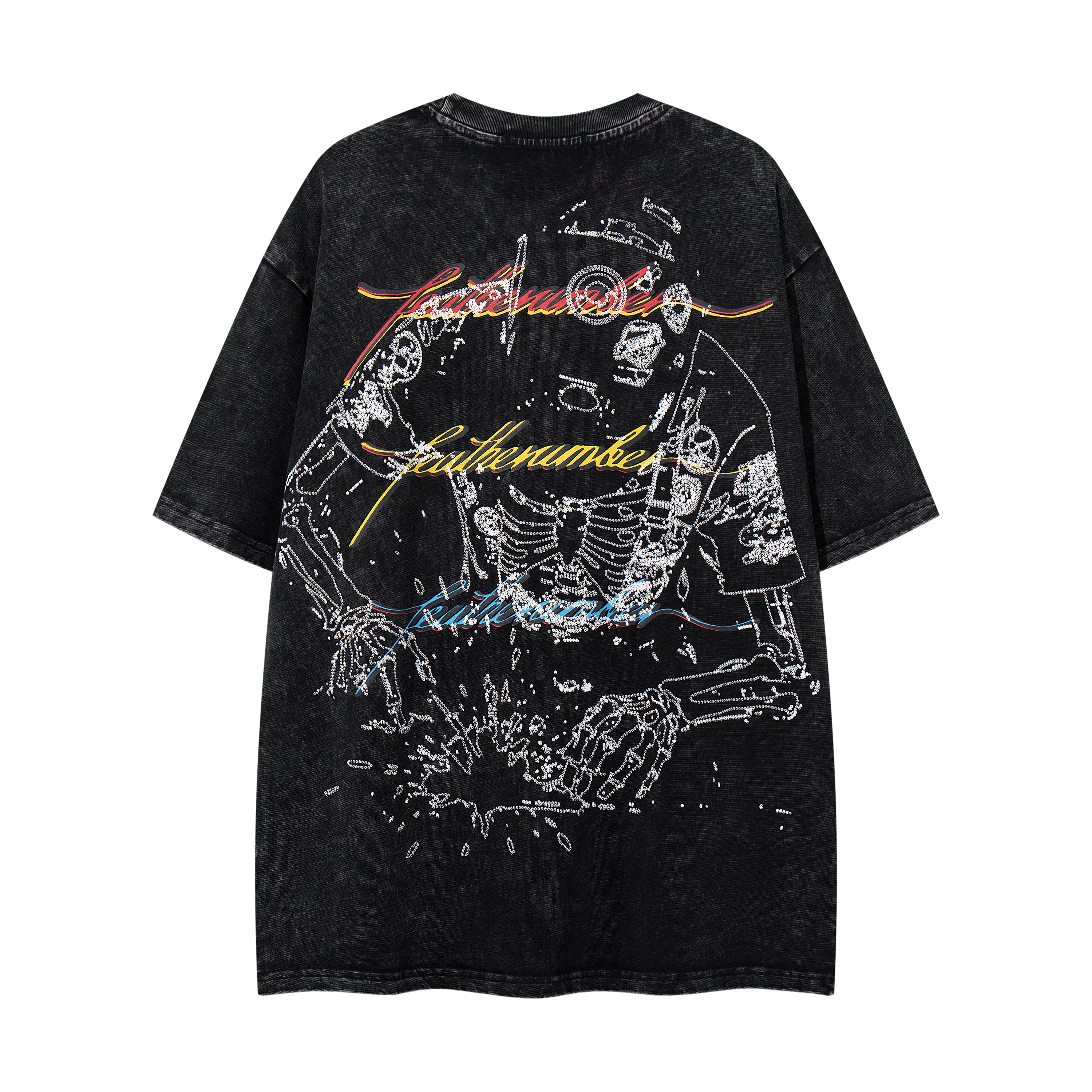 MAJESTIK Skeleton DJ Vintage Washed Double‑Sided Graphic T‑Shirt