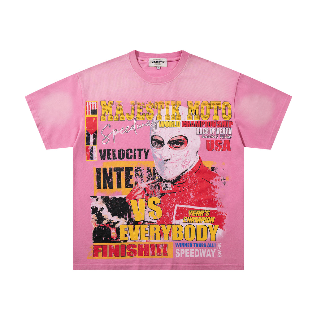 MAJESTIK Moto Racing Vintage Pink T‑Shirt