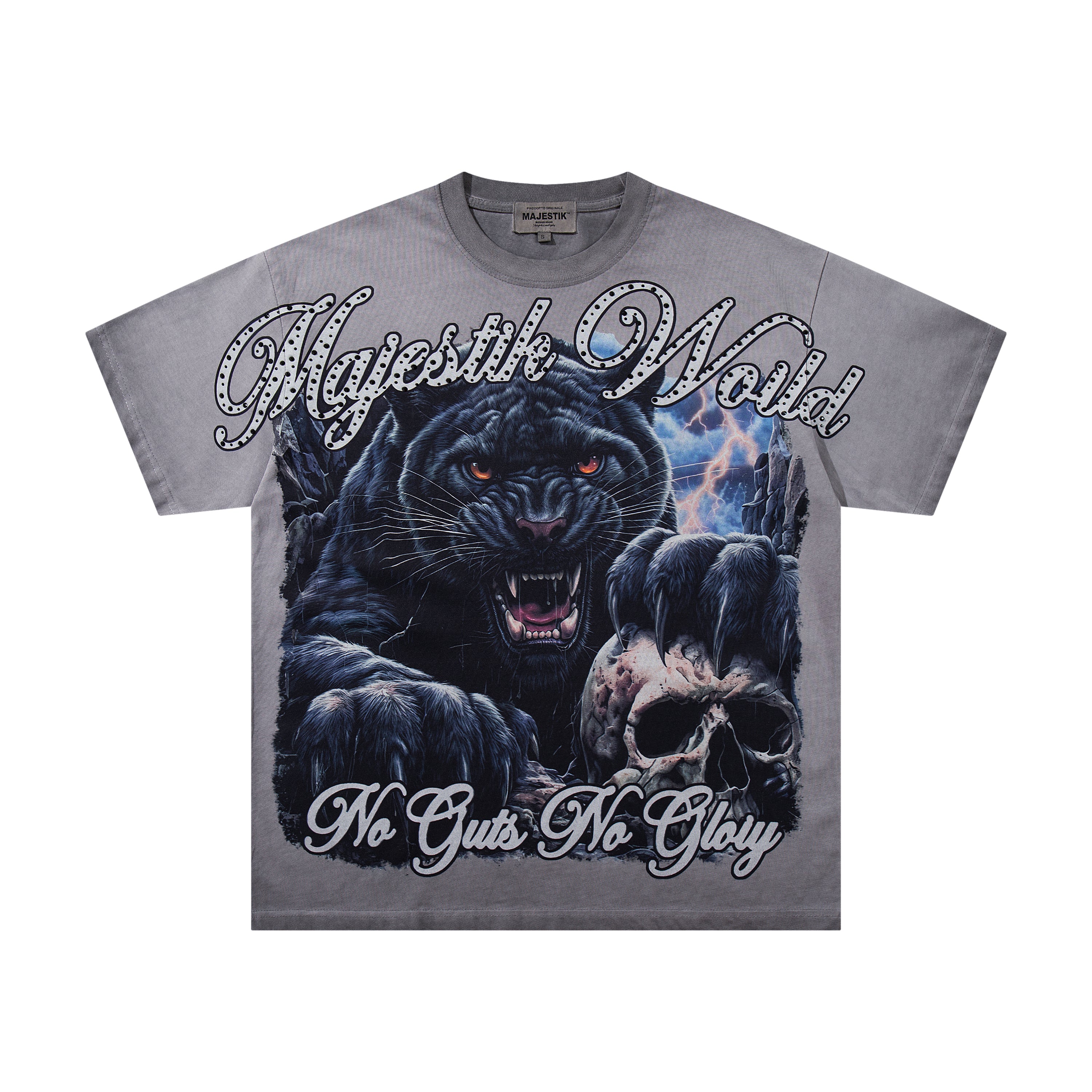 MAJESTIK Black Panther Skull Vintage Grey Double‑Sided T‑Shirt