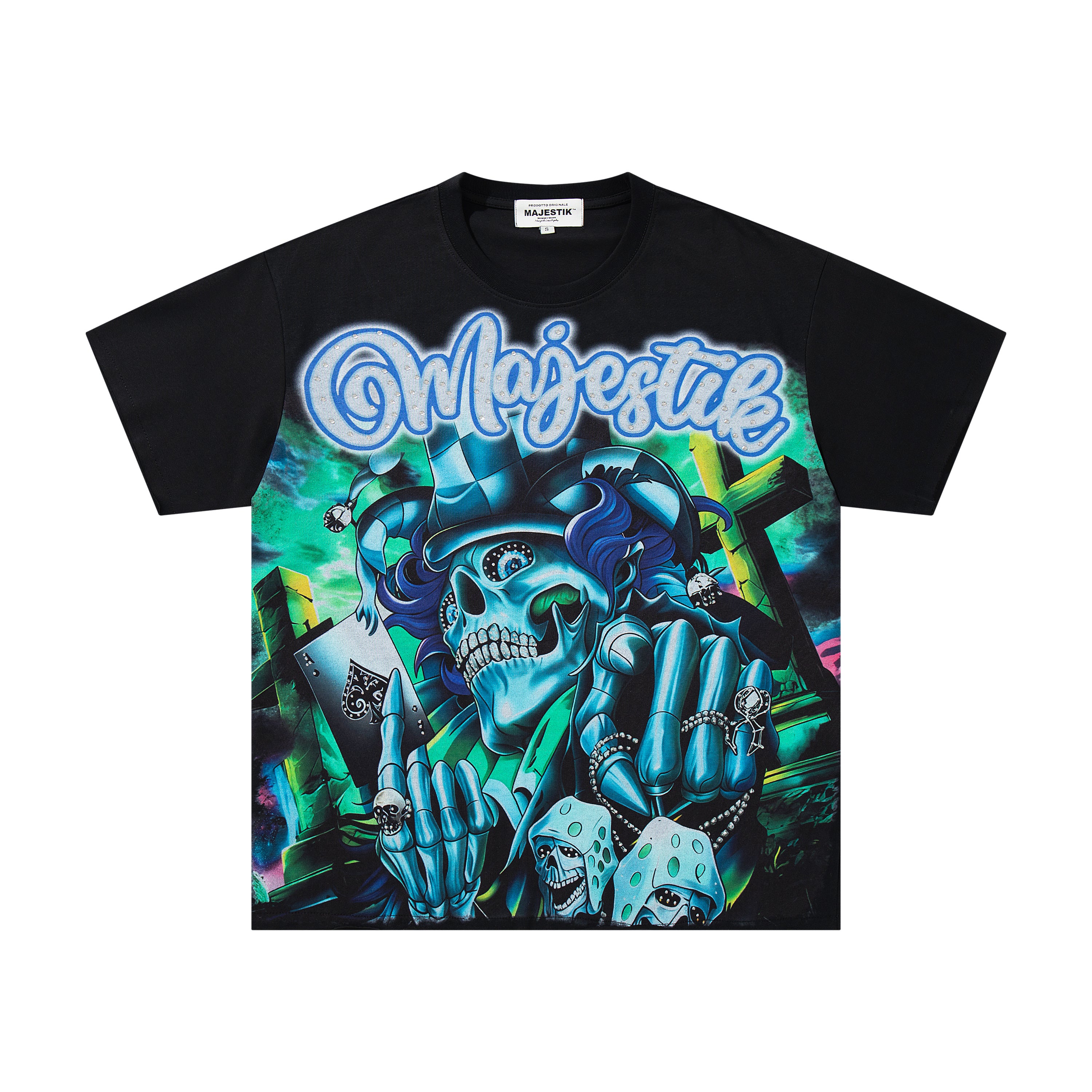 MAJESTIK Neon Skull Graphic Black T‑Shirt
