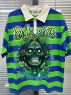 MAJESTIK Striped Skull Graphic Half‑Zip Polo Short‑Sleeve Shirt