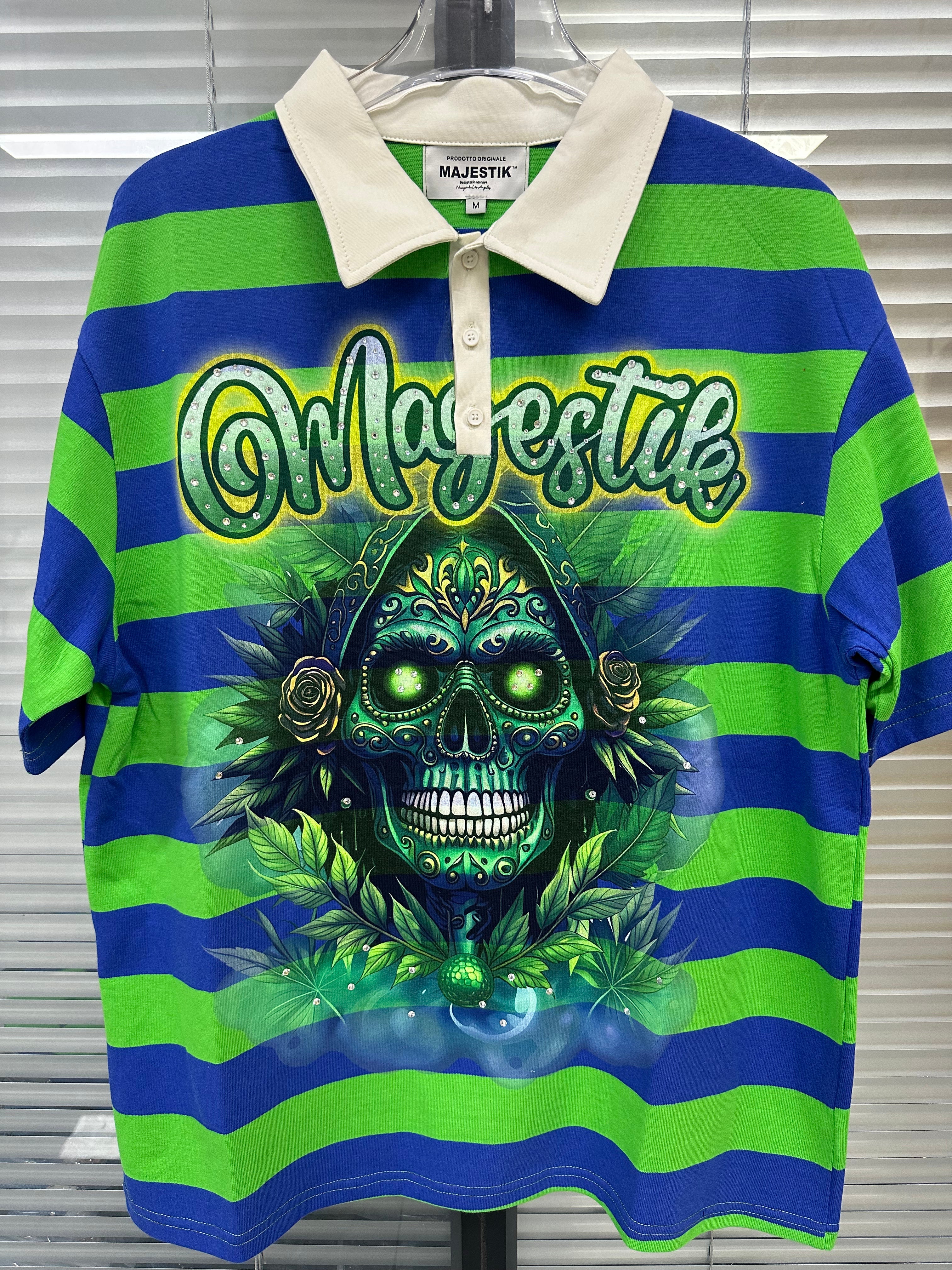 MAJESTIK Striped Skull Graphic Half‑Zip Polo Short‑Sleeve Shirt