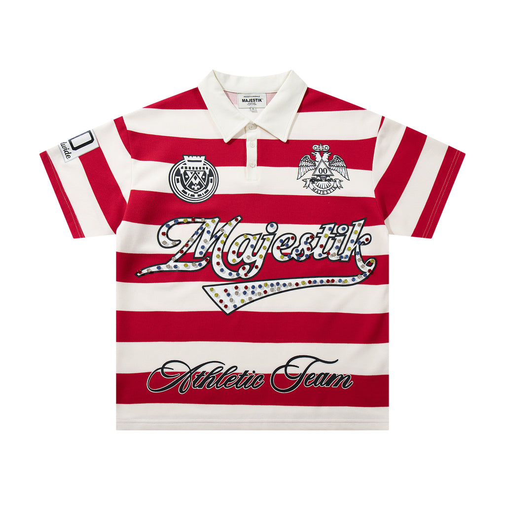 MAJESTIK Red‑White Striped Embroidered Polo Shirt