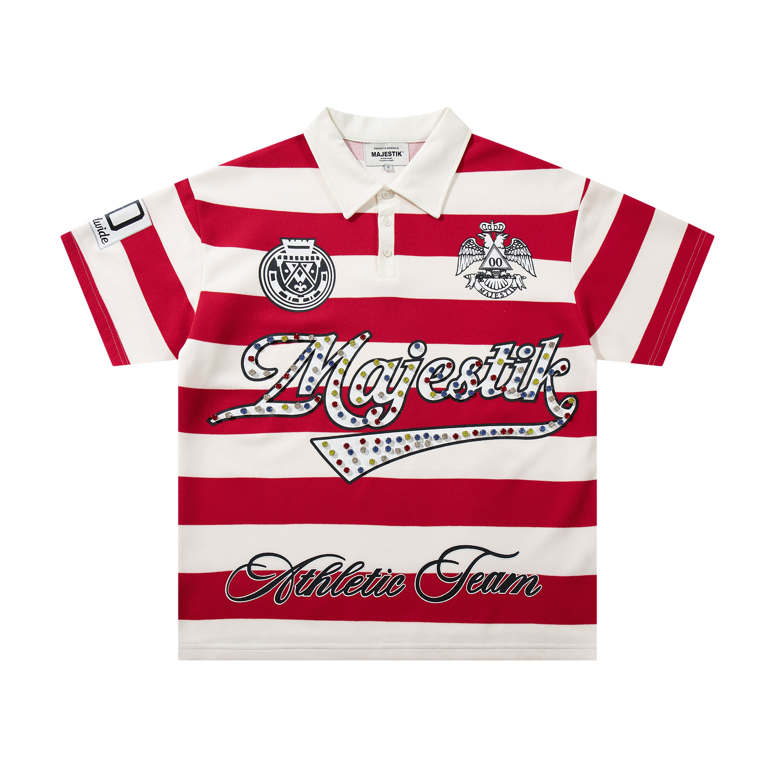 MAJESTIK Red‑White Striped Embroidered Polo Shirt