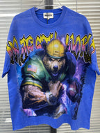 MAJESTIK Football Bear Vintage Blue Double‑Sided T‑Shirt