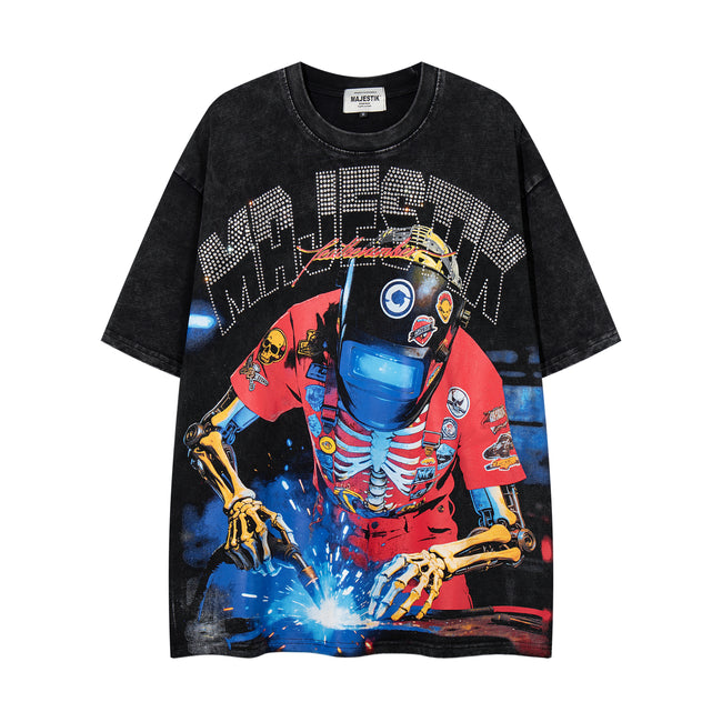 MAJESTIK Skeleton DJ Vintage Washed Double‑Sided Graphic T‑Shirt Main Image