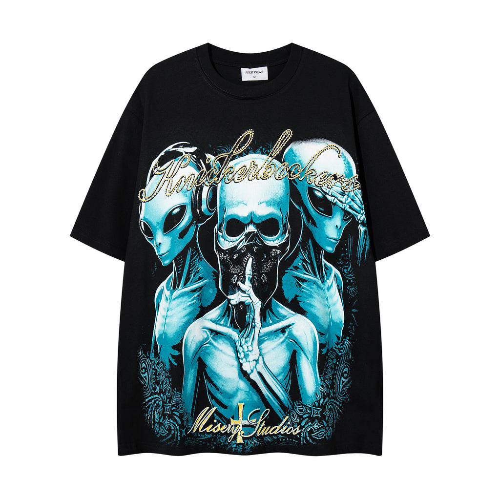 MAJESTIK Alien Skull Angel Sword Double‑Sided Graphic T‑Shirt