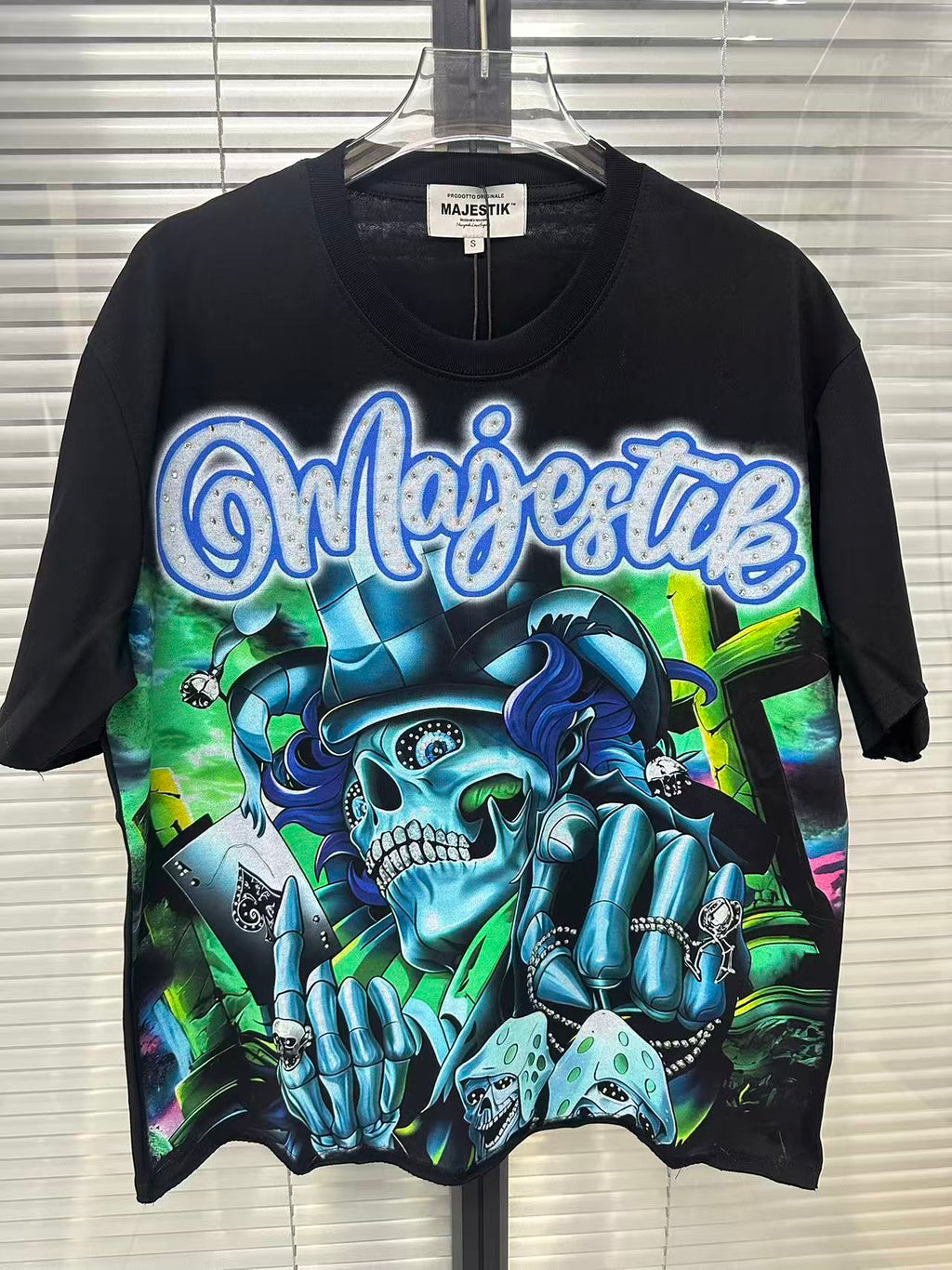 MAJESTIK Neon Skull Graphic Black T‑Shirt