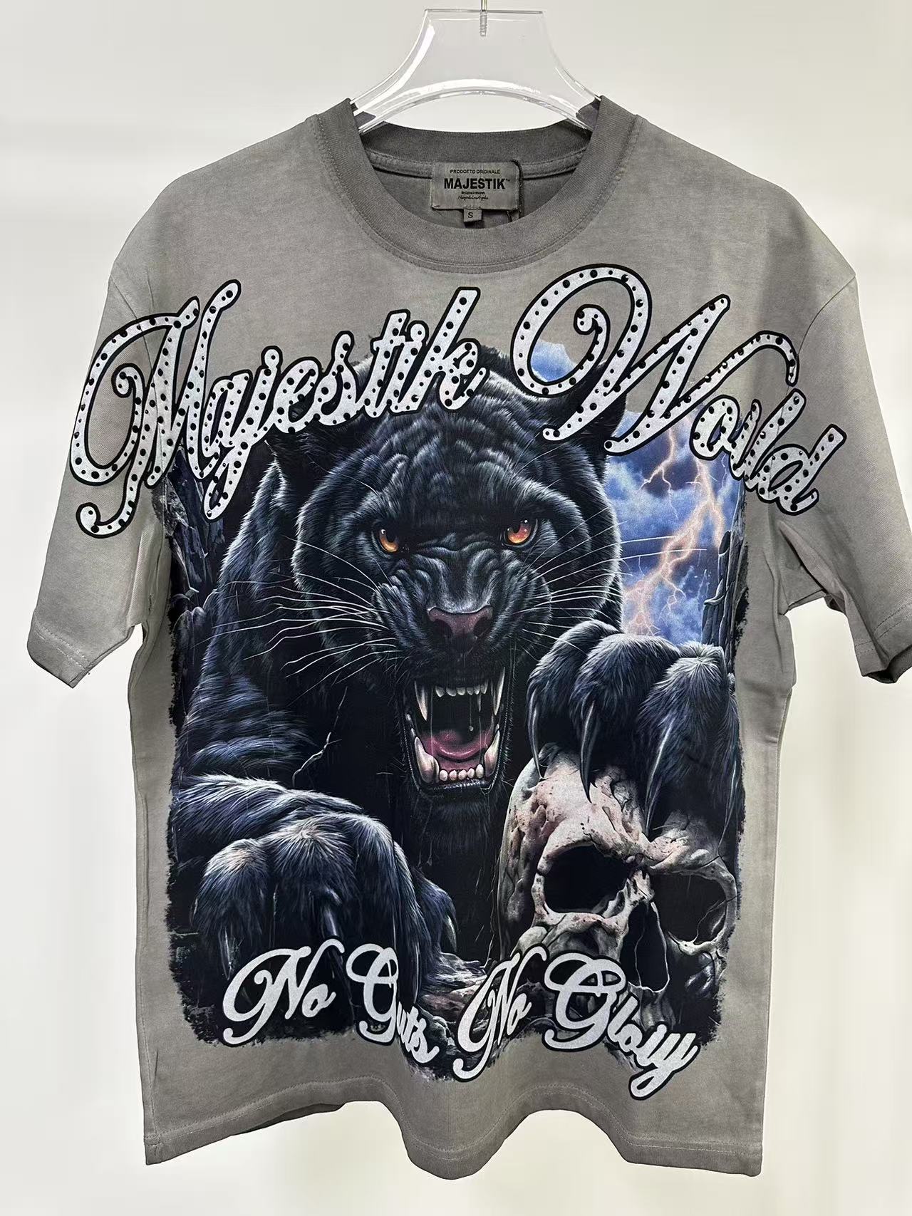 MAJESTIK Black Panther Skull Vintage Grey Double‑Sided T‑Shirt