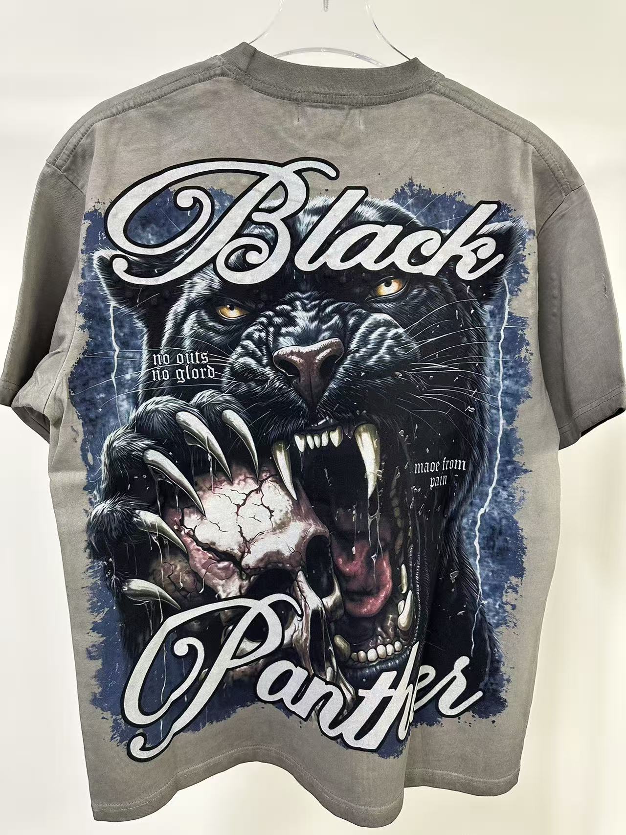MAJESTIK Black Panther Skull Vintage Grey Double‑Sided T‑Shirt