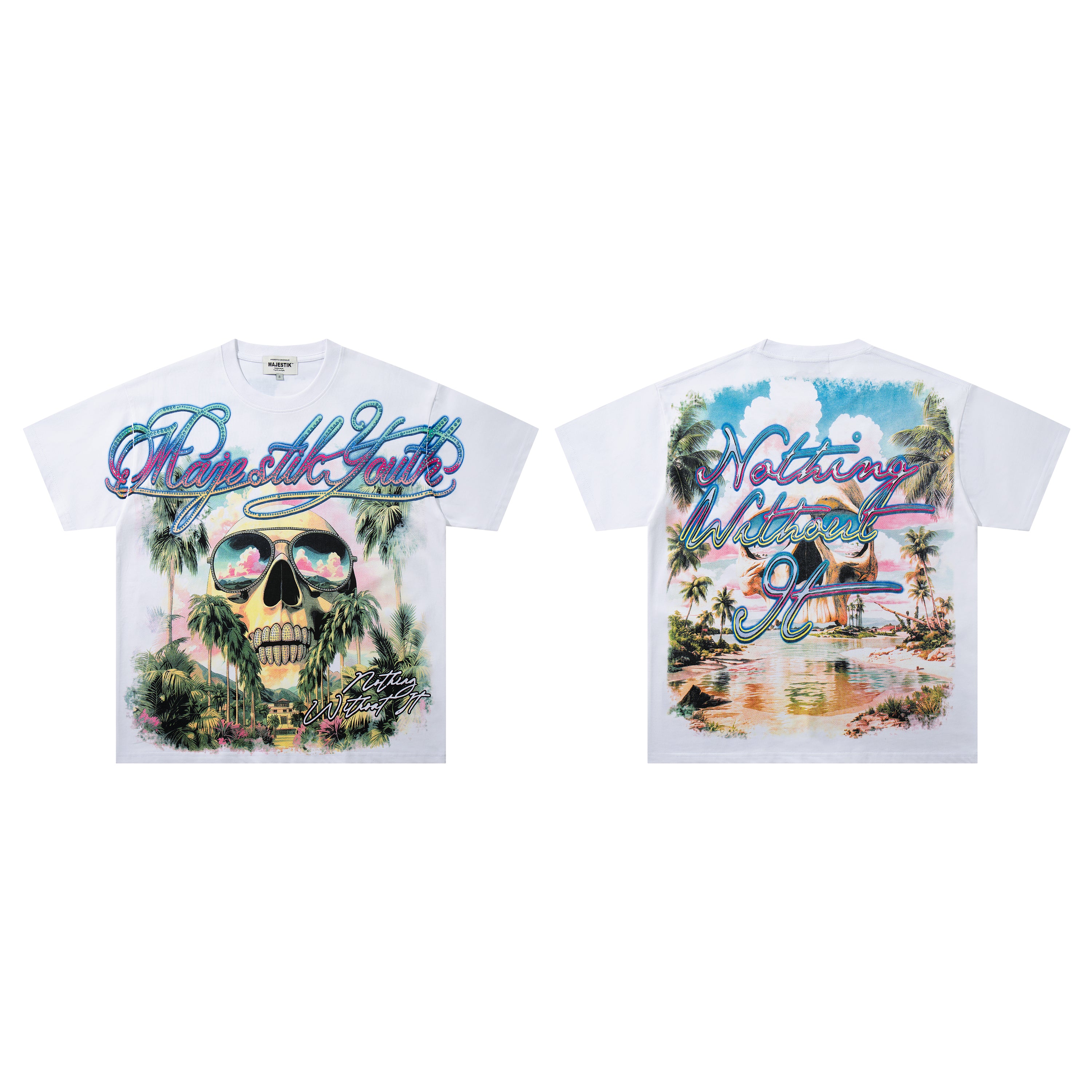 MAJESTIK Tropical Skull Double‑Sided Graphic T‑Shirt