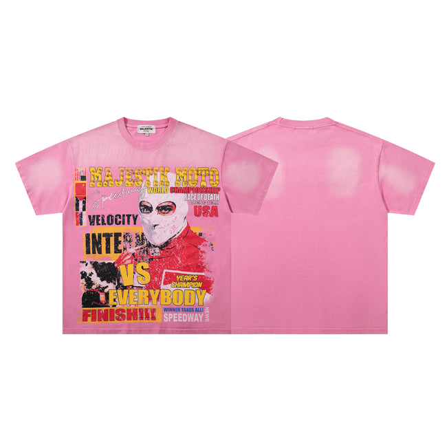 MAJESTIK Moto Racing Vintage Pink T‑Shirt Hover Image
