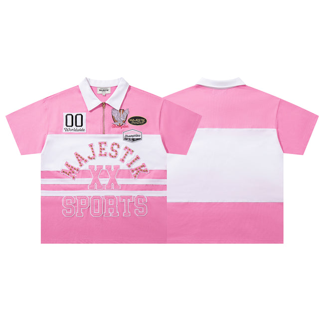 MAJESTIK Sports Patch‑Embroidered Half‑Zip Pink Striped Polo Shirt Hover Image