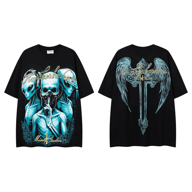 MAJESTIK Alien Skull Angel Sword Double‑Sided Graphic T‑Shirt Hover Image
