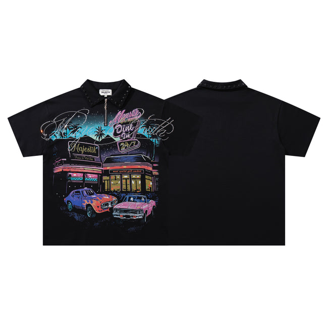 MAJESTIK Retro Car Diner Graphic Quarter‑Zip Polo Shirt Hover Image