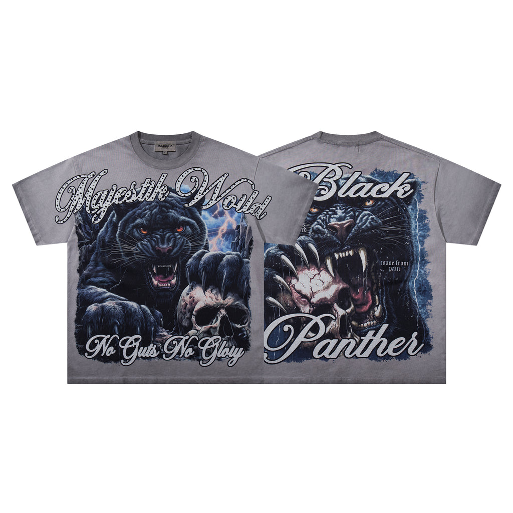 MAJESTIK Black Panther Skull Vintage Grey Double‑Sided T‑Shirt