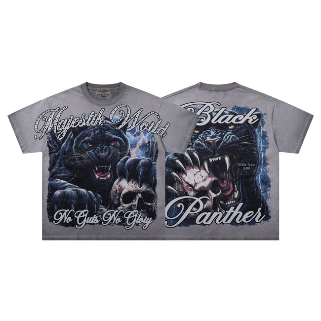 MAJESTIK Black Panther Skull Vintage Grey Double‑Sided T‑Shirt Hover Image
