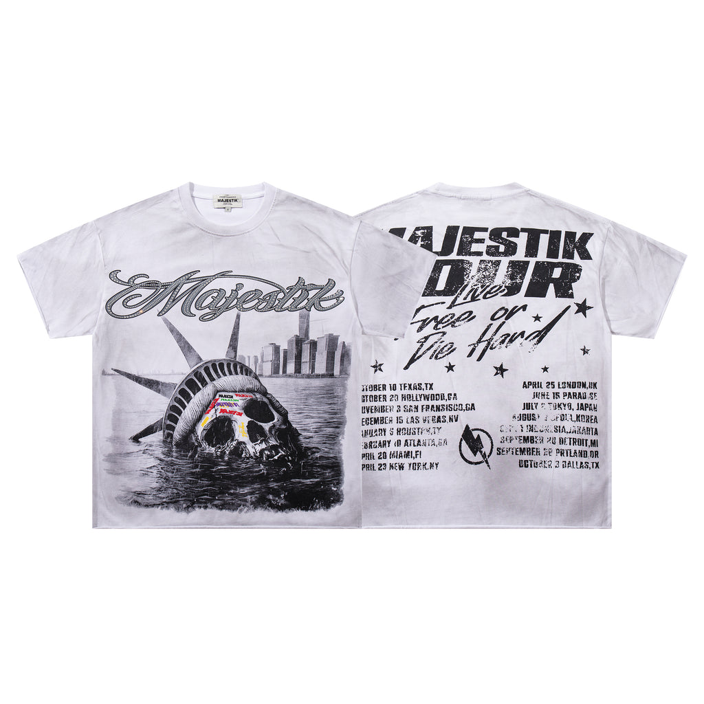 MAJESTIK Tour Skull Statue Of Liberty Double‑Sided Vintage T‑Shirt
