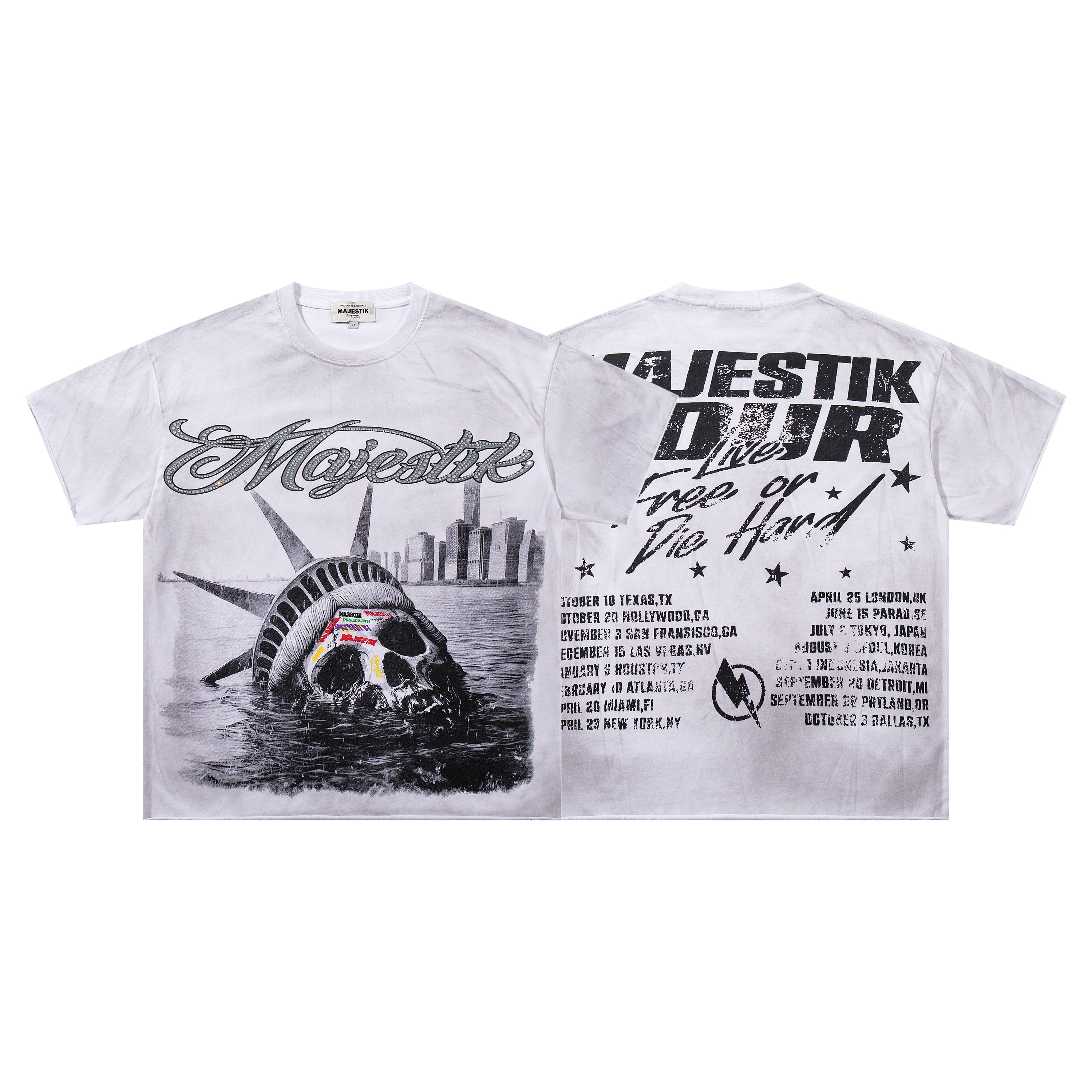 MAJESTIK Tour Skull Statue Of Liberty Double‑Sided Vintage T‑Shirt
