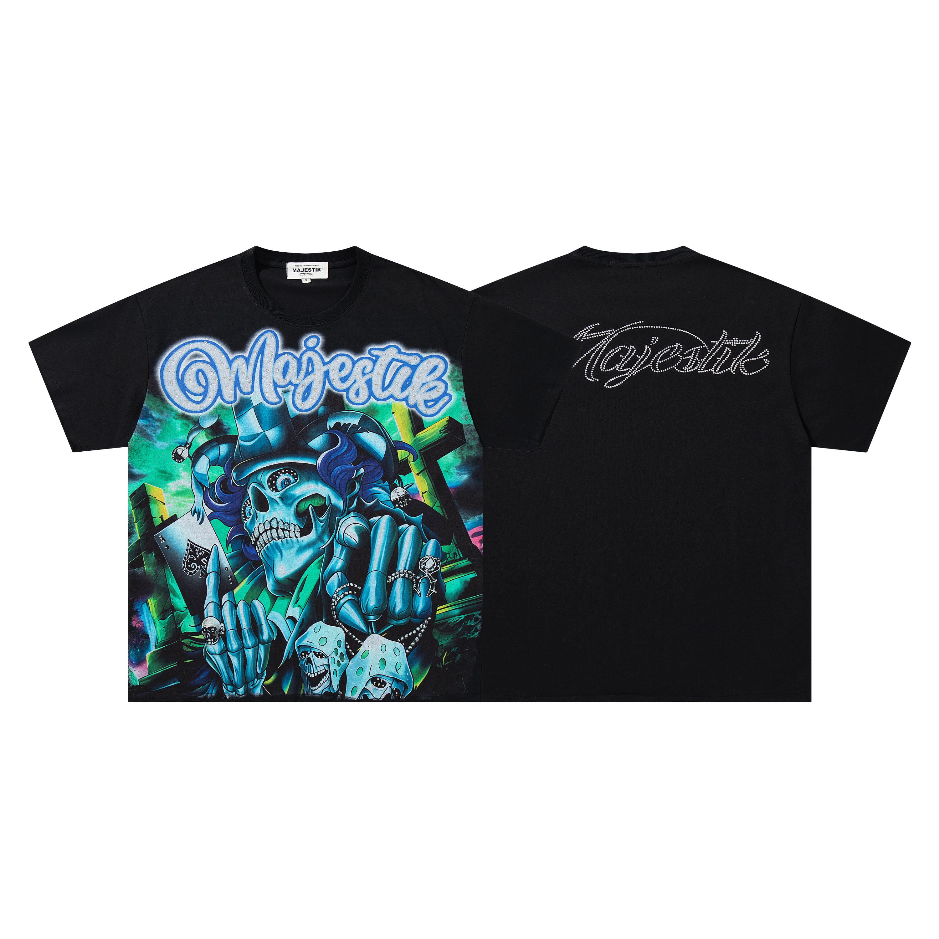 MAJESTIK Neon Skull Graphic Black T‑Shirt