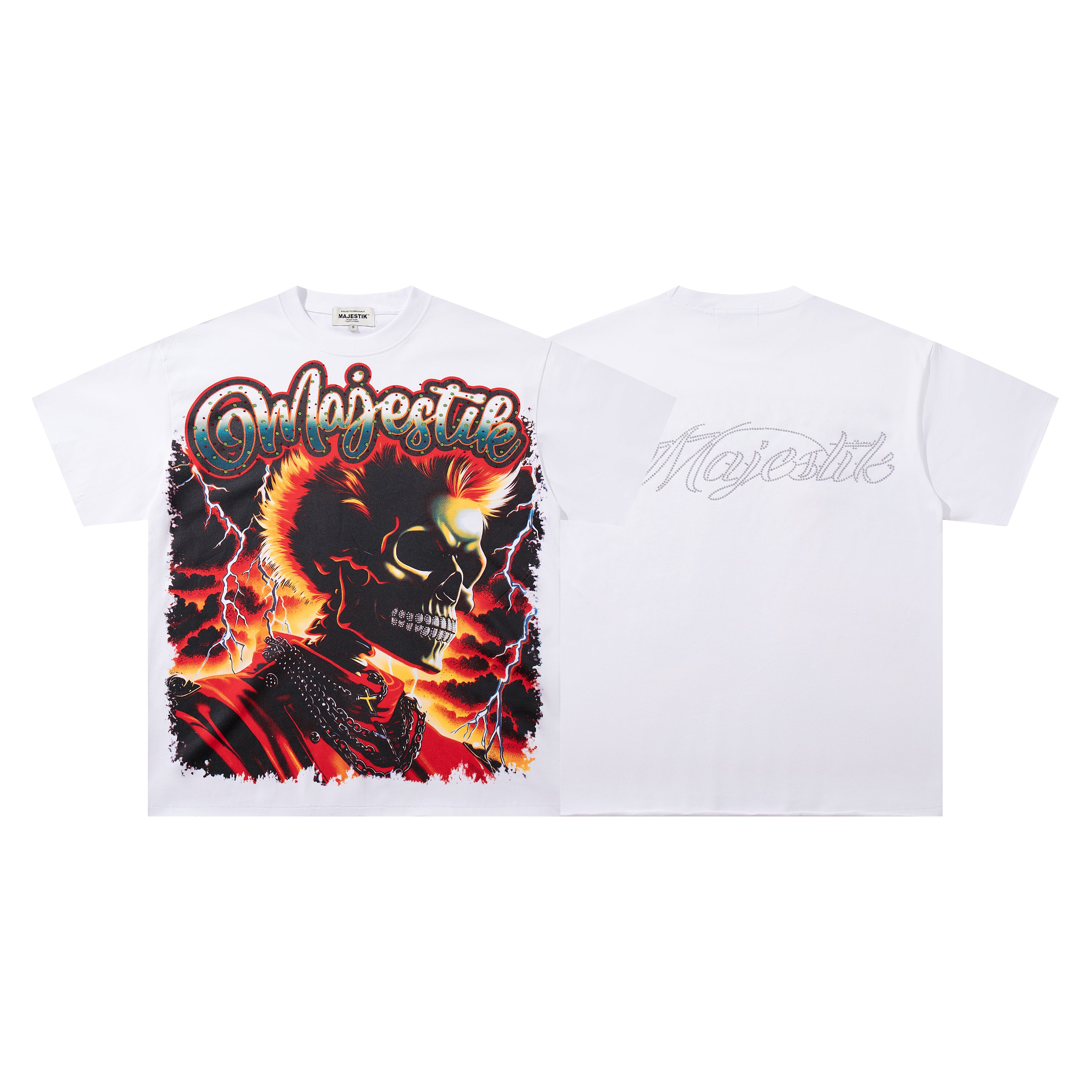 MAJESTIK Fire Skull Lightning Vintage Graphic T‑Shirt