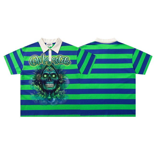 MAJESTIK Striped Skull Graphic Half‑Zip Polo Short‑Sleeve Shirt Hover Image