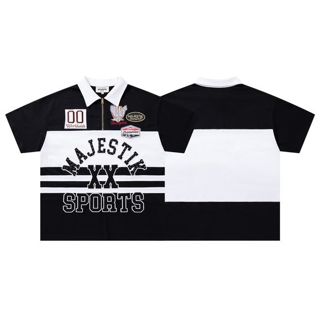 MAJESTIK Sports Embroidered Patch Half‑Zip Black‑White Polo Shirt Hover Image