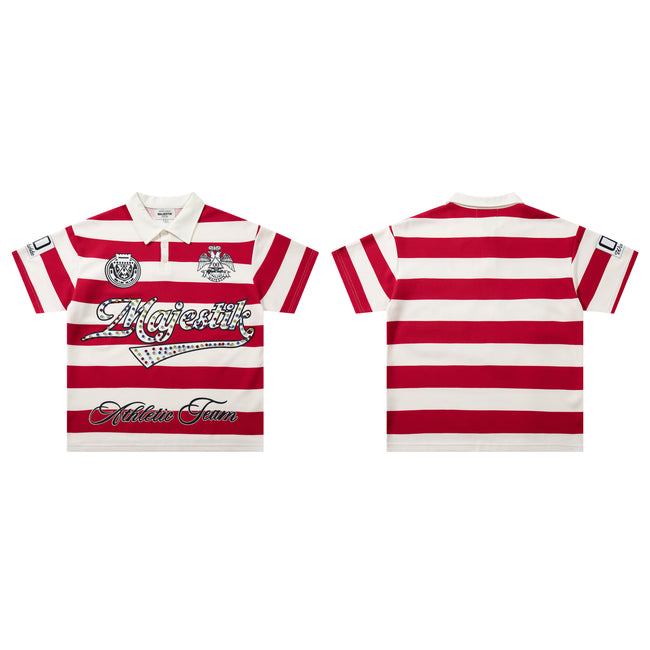 MAJESTIK Red‑White Striped Embroidered Polo Shirt Main Image