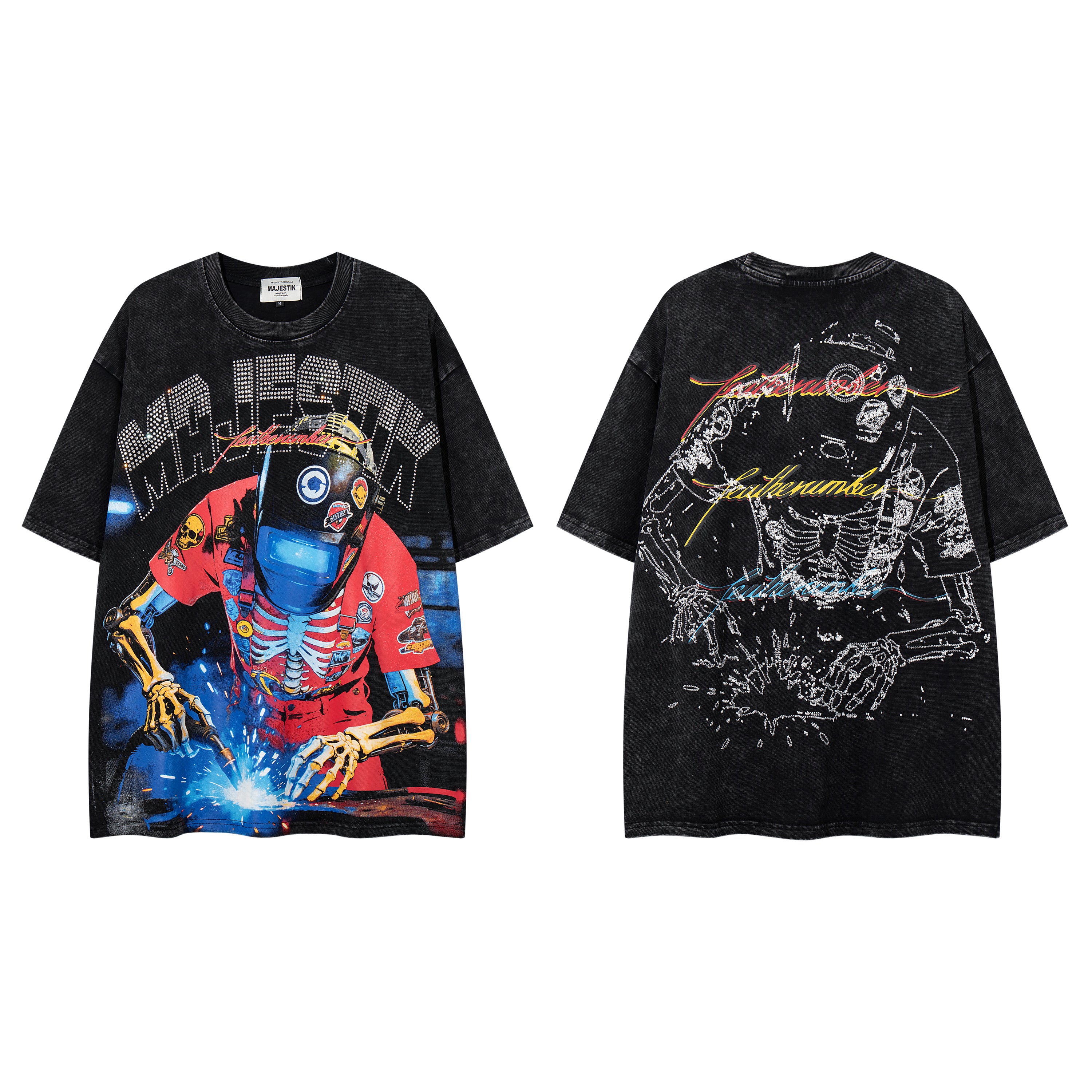 MAJESTIK Skeleton DJ Vintage Washed Double‑Sided Graphic T‑Shirt