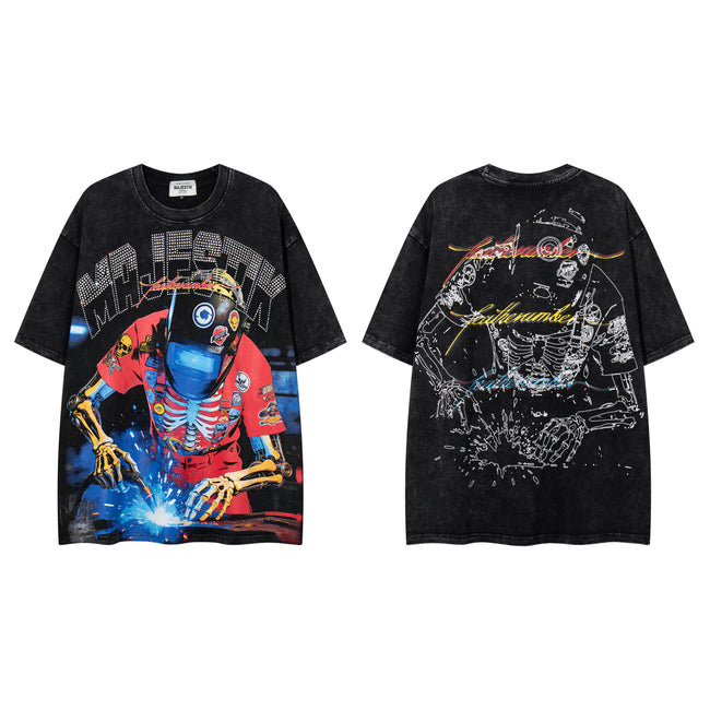 MAJESTIK Skeleton DJ Vintage Washed Double‑Sided Graphic T‑Shirt Hover Image