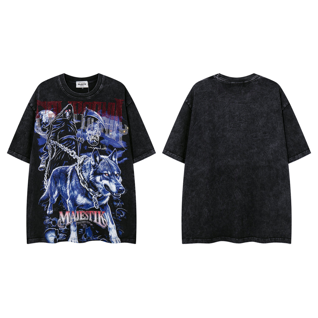 MAJESTIK Grim Reaper Scythe Vintage Washed Graphic T‑Shirt