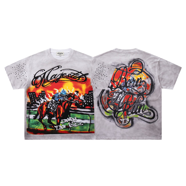 MAJESTIK Horse‑Racing Double‑Sided Graphic T‑Shirt Hover Image